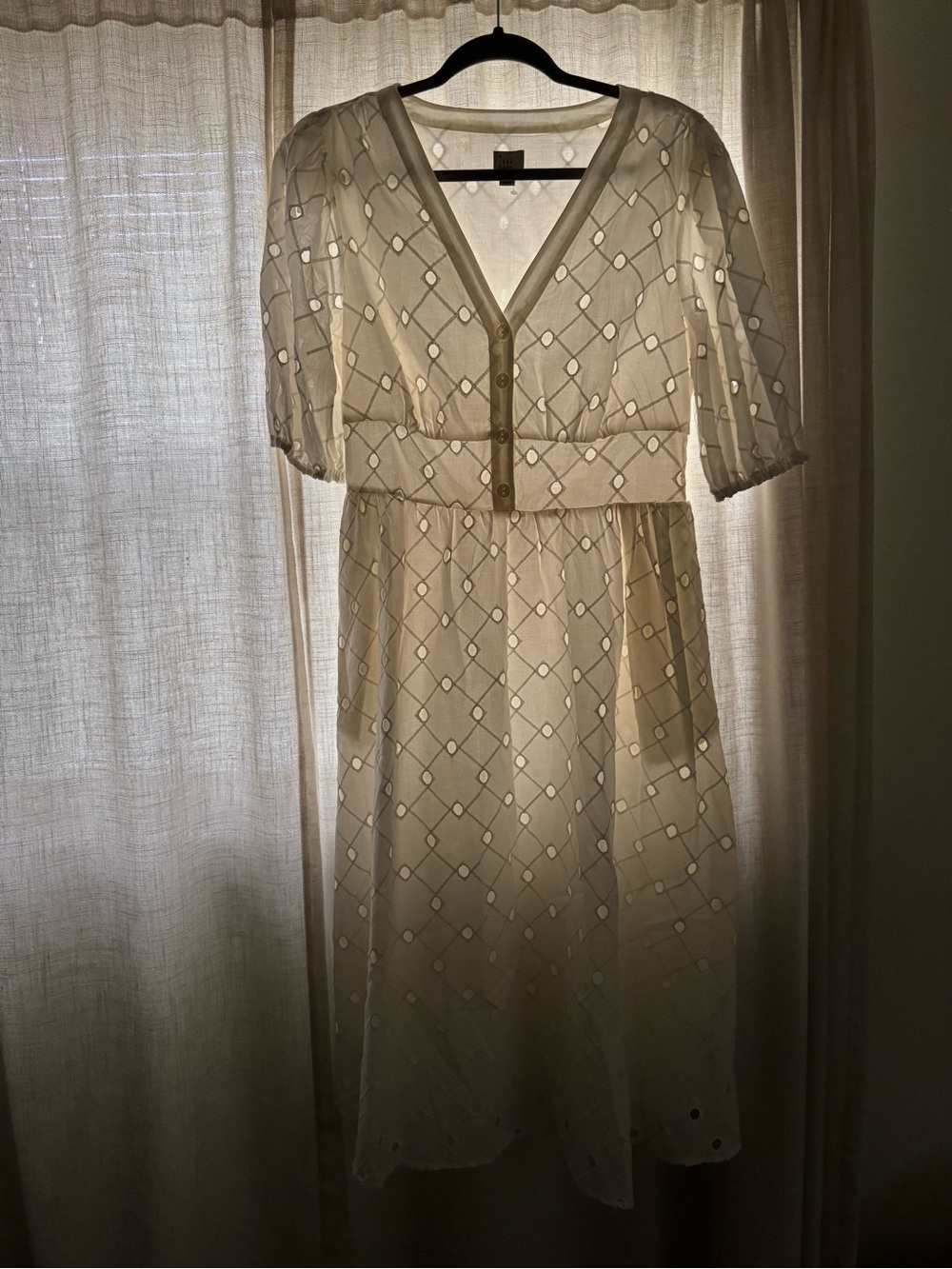 A New Day White Eyelet Midi Dress with V-Neck and Puff Sleeves - Picture 2 of 5
